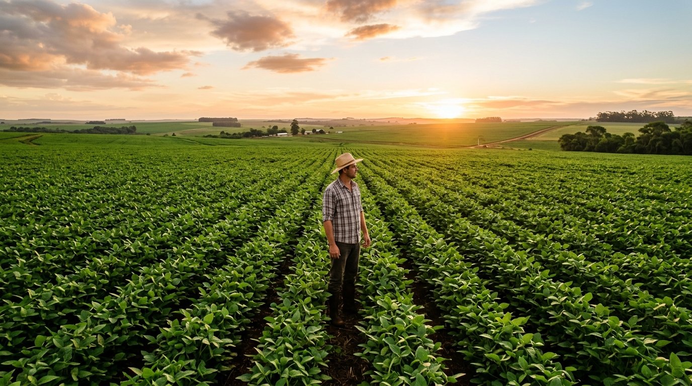 Produtor rural na lavoura de soja ao pôr do sol