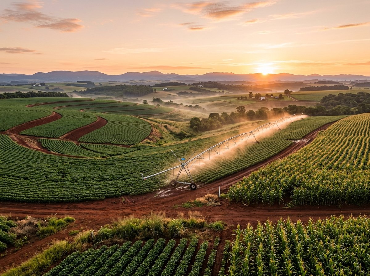Plantação verde com sistema de irrigação