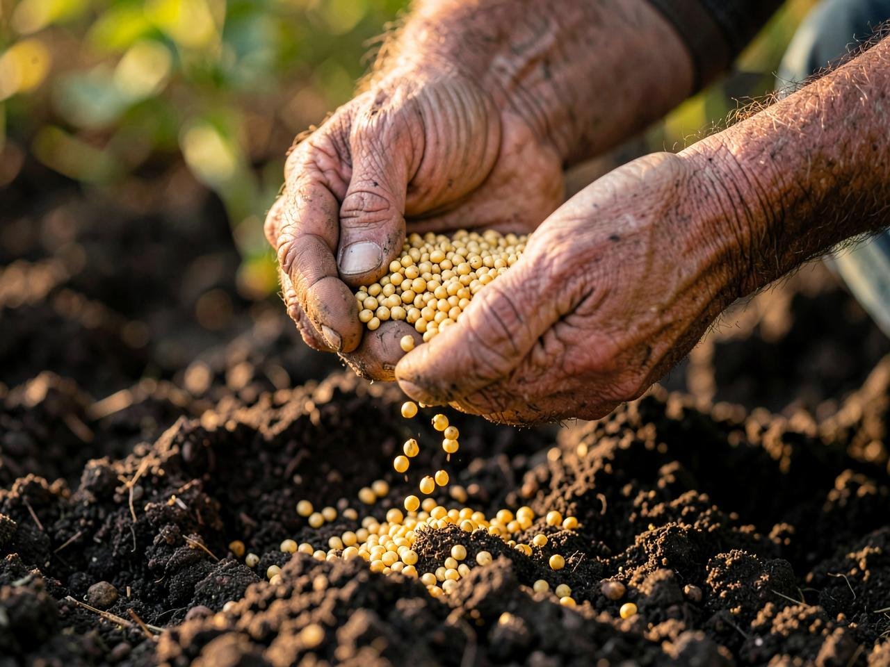 Mãos do produtor segurando grãos de soja sobre a terra